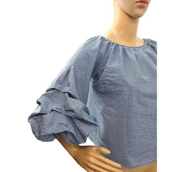 Favori Top Sz S 4 6 EU 38 Balloon Ruffle 3/4 Drop Sleeve Cropped Gingham Blue - Picture 3 of 12